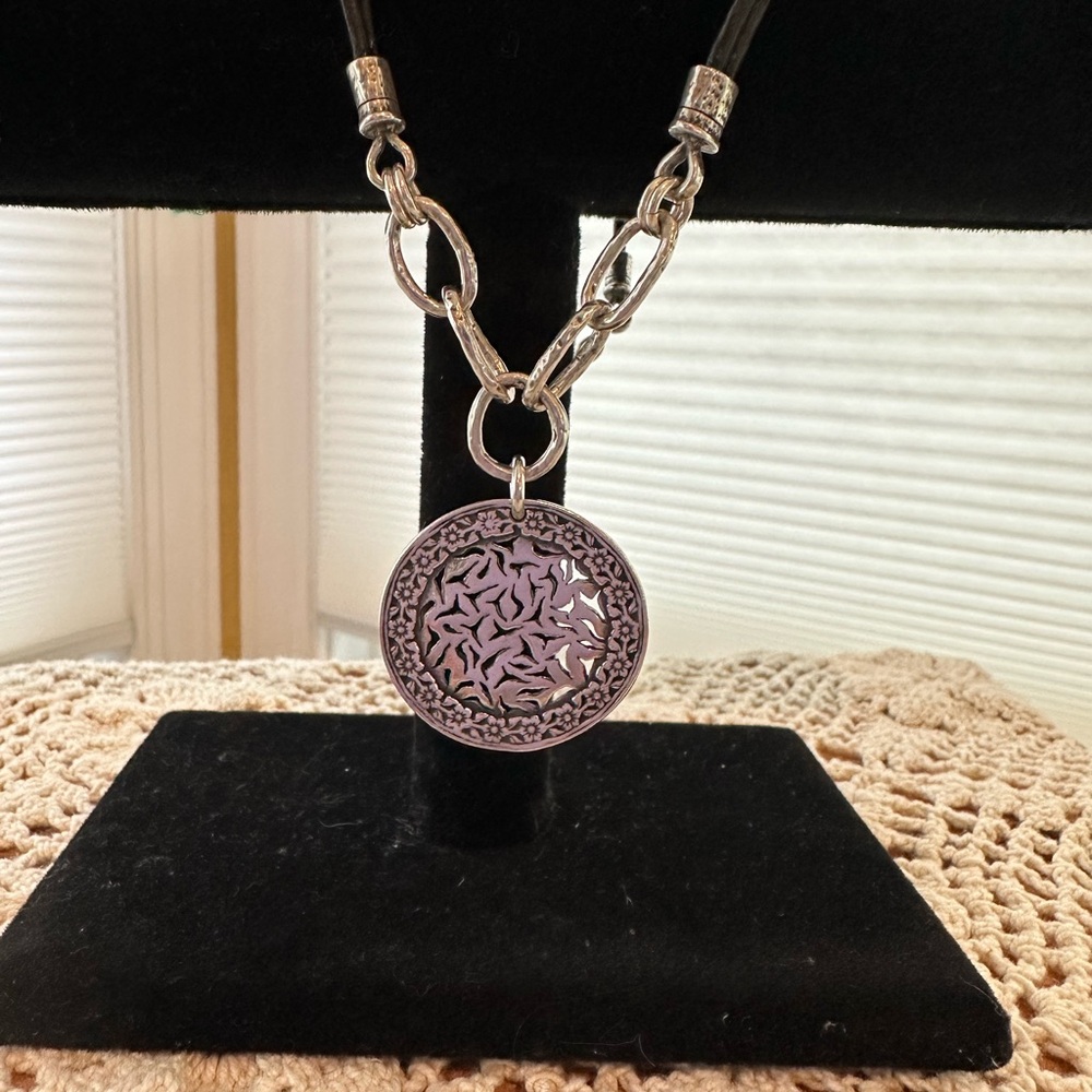 Retired Silpada 925 Sterling Silver Israel 18” pendant necklace on leather cord